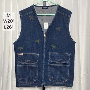Vintage Gitano Denim Vest Embroidered Dragonflies Fish Zip Front Medium